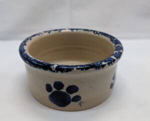 Yesteryears Hand Turned Stoneware Dog Bowl Signed Blue Pawprints USA Vintage